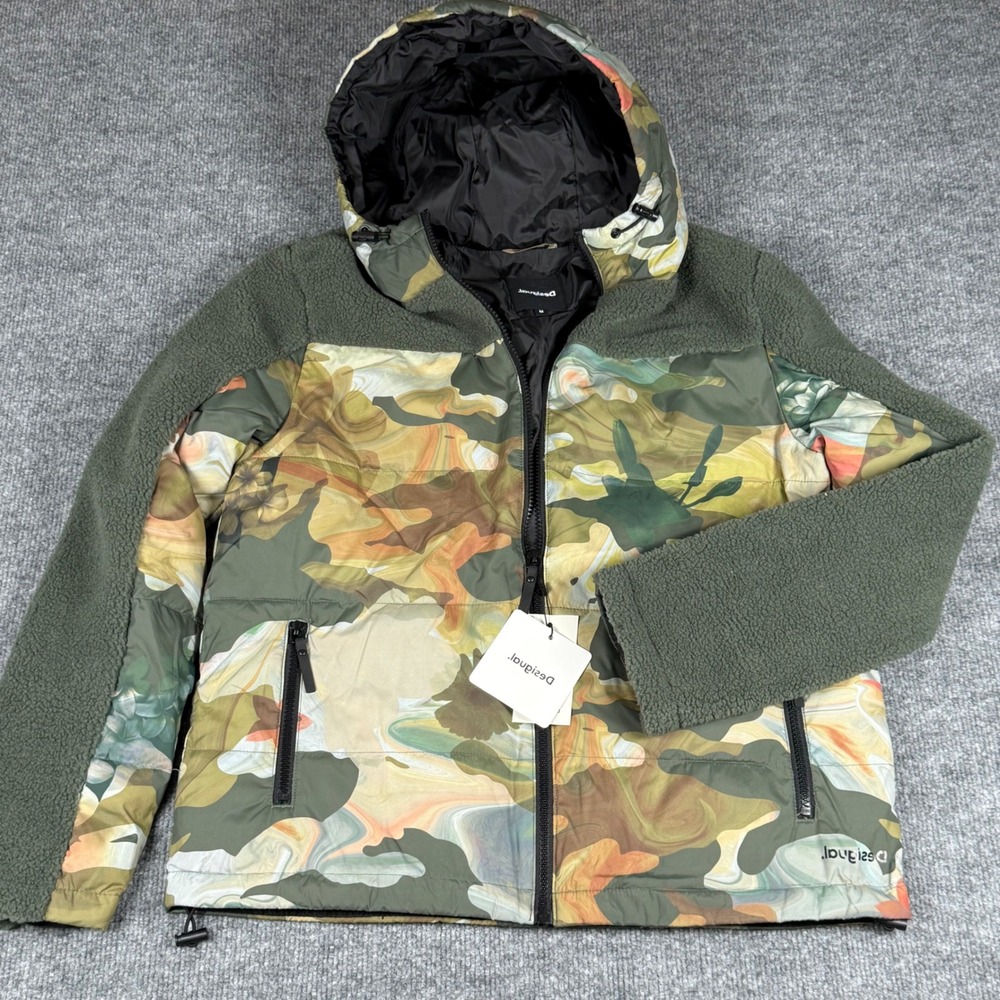 Desigual Green Camo Floral Padded Hooded Jacket Womens Medium Outerwear Fall New